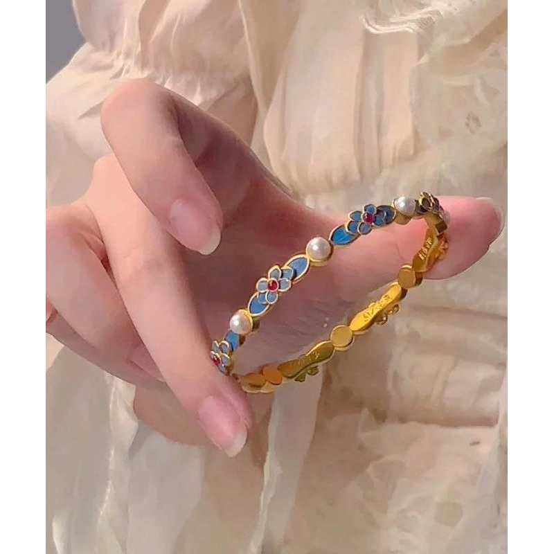 Pearl Bangle Gold Blue Floral Original Ancient