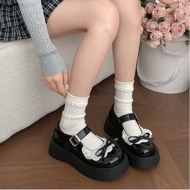 Shoes Patent Lace Platform Jane Leather Bow Mary Trim
