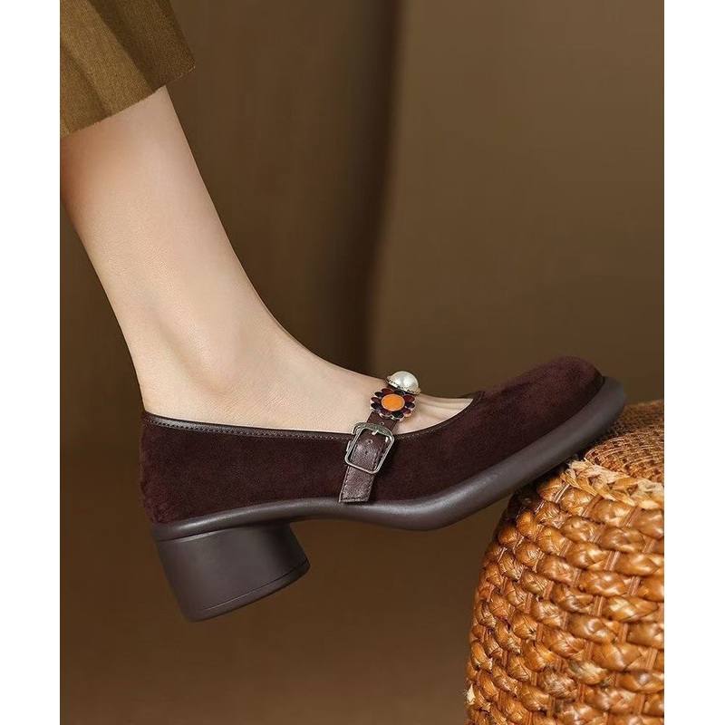 Suede Chunky Heel Strap Buckle Brown Splicing Comfortable