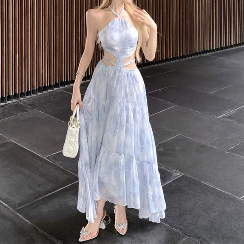Tie Halter Cutout Spaghetti Dye A-Line Maxi Strap Dress Neck