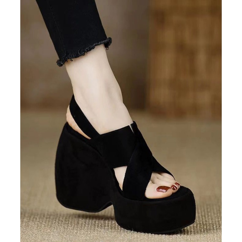 Toe Sandals Peep Splicing Wedge Stylish Black Heels Suede