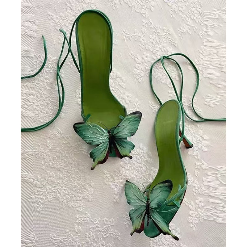 Up New Sandals Stiletto Flower Butterfly Lace Green