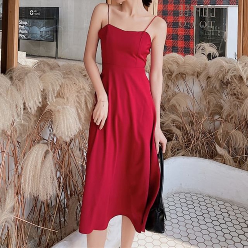 V-Neck Strap Dress Spaghetti Plain Midi A-Line Open Back