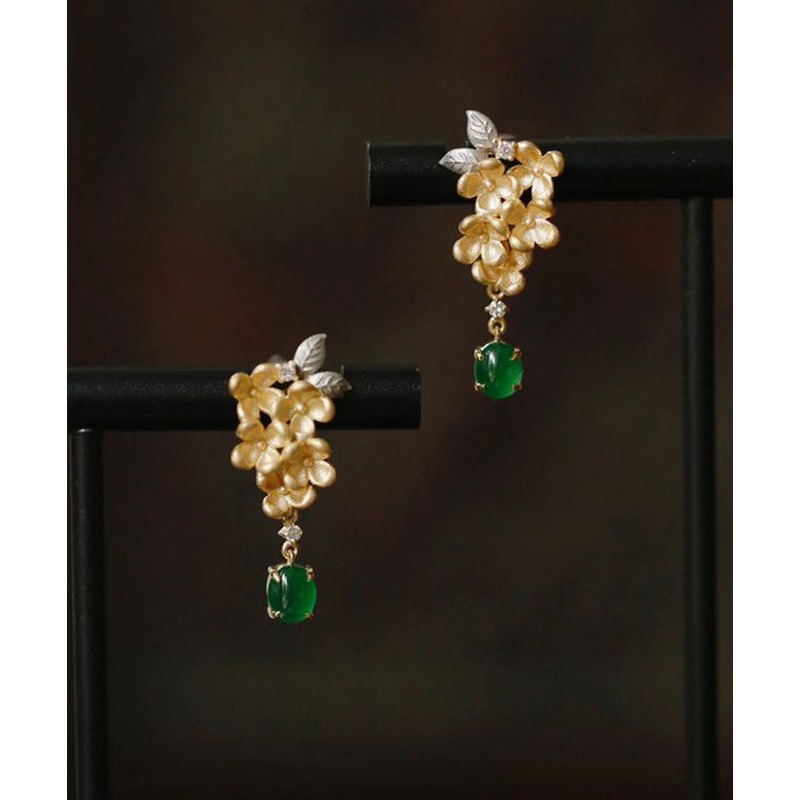 Zircon Jade Vintage Green Earrings Tasselud StCopper Floral