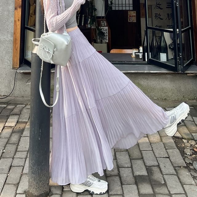 A-Line High Maxi Pleated Plain Accordion Skirt Waist