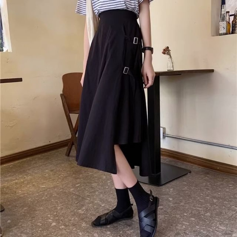 A-Line Plain Elastic Buckled Asymmetrical Skirt Slit Midi Waist