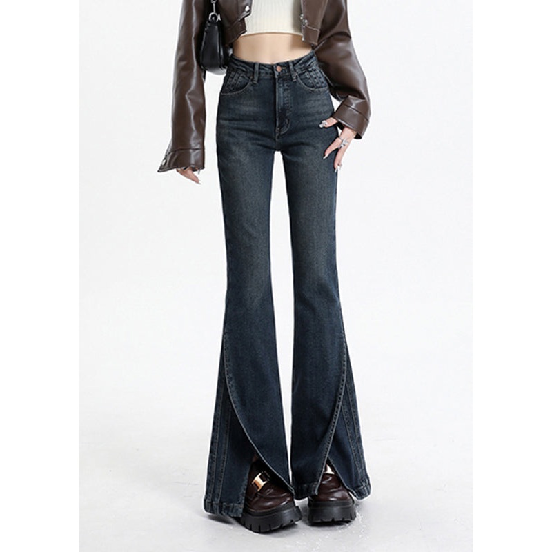 Asymmetrical Denim High Waist Pockets Vintage Blue Patchwork