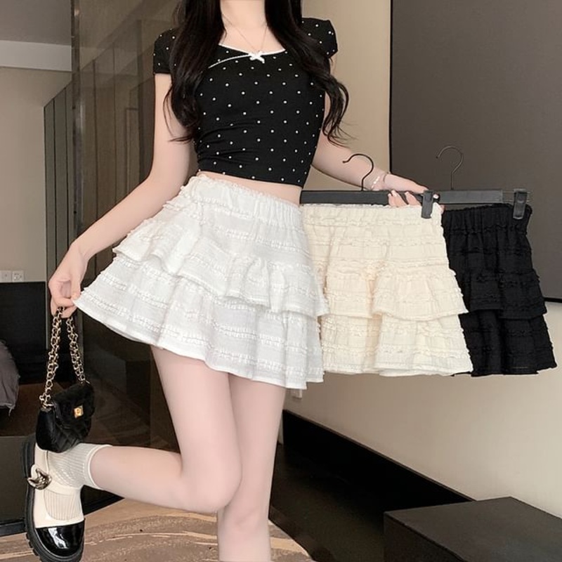 Balletcore Skirt Mini Tiered Elastic Waist A-Line Plain