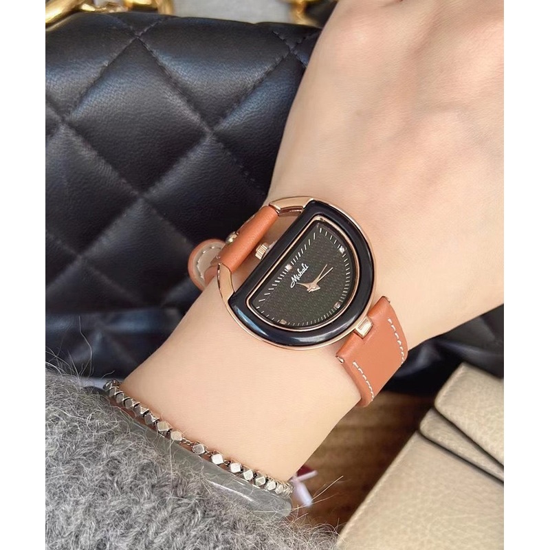 Chic Brown Watches Hardlex Semicircle Leather Crystal Alloy
