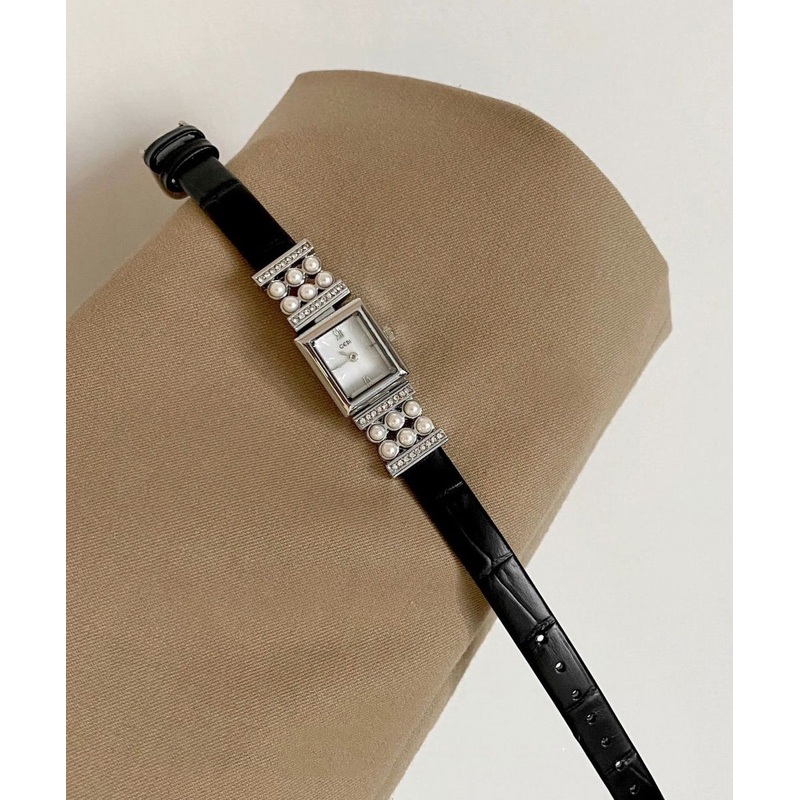 Leather Pearl Crystal Watches Black Hardlex Zircon Unique