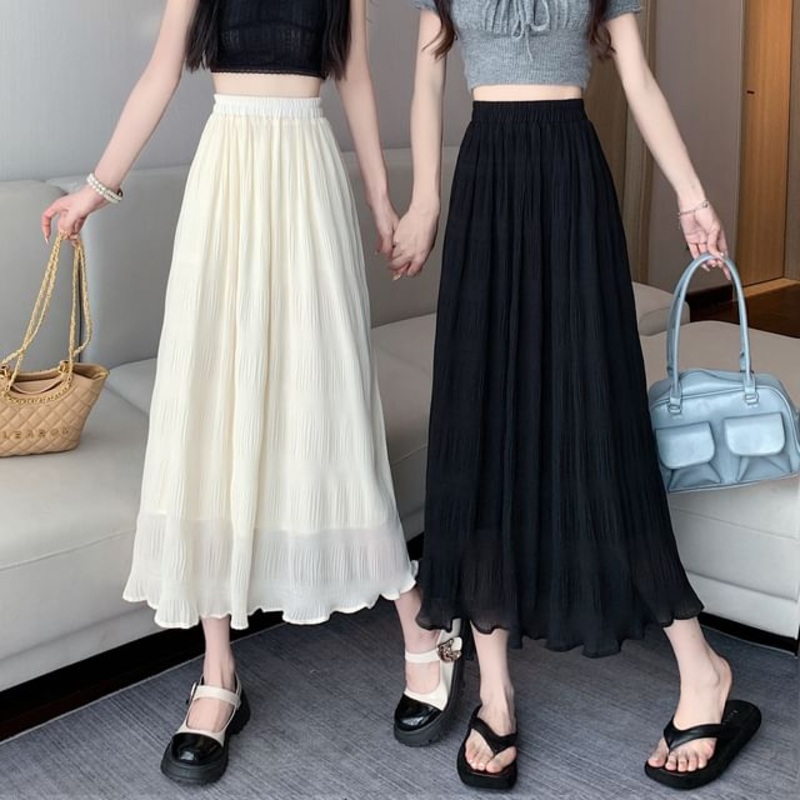 Midi High Plain A-Line Crinkle Waist Skirt