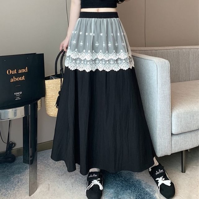 Rise Skirt Trim Plain Maxi High Lace A-Line