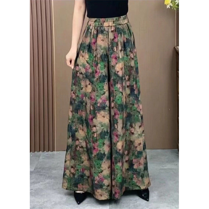 Size Ice Silk Green Leg Pants Elastic Print Wide Waist Plus