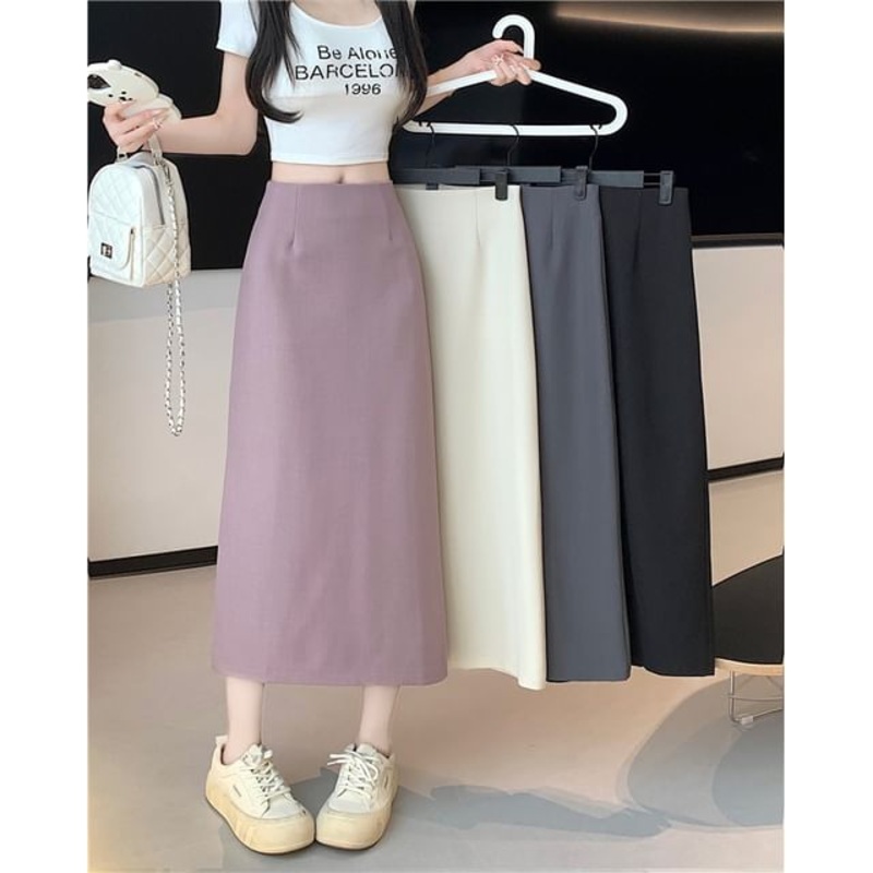 Slit Rise Plain High A-Line Skirt Midi