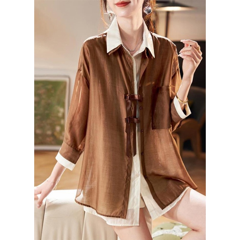 Spring Coffee Fake Pieces Chiffon Patchwork Shirt Organic Two