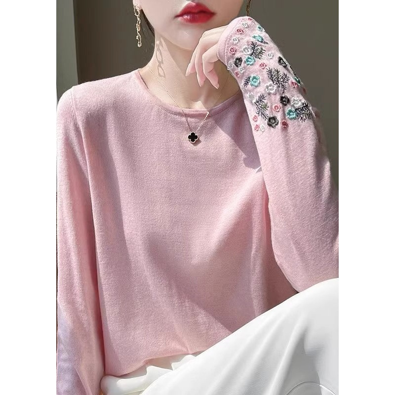 Spring Pink Woolen Embroidered Sweaters Thin Fitted