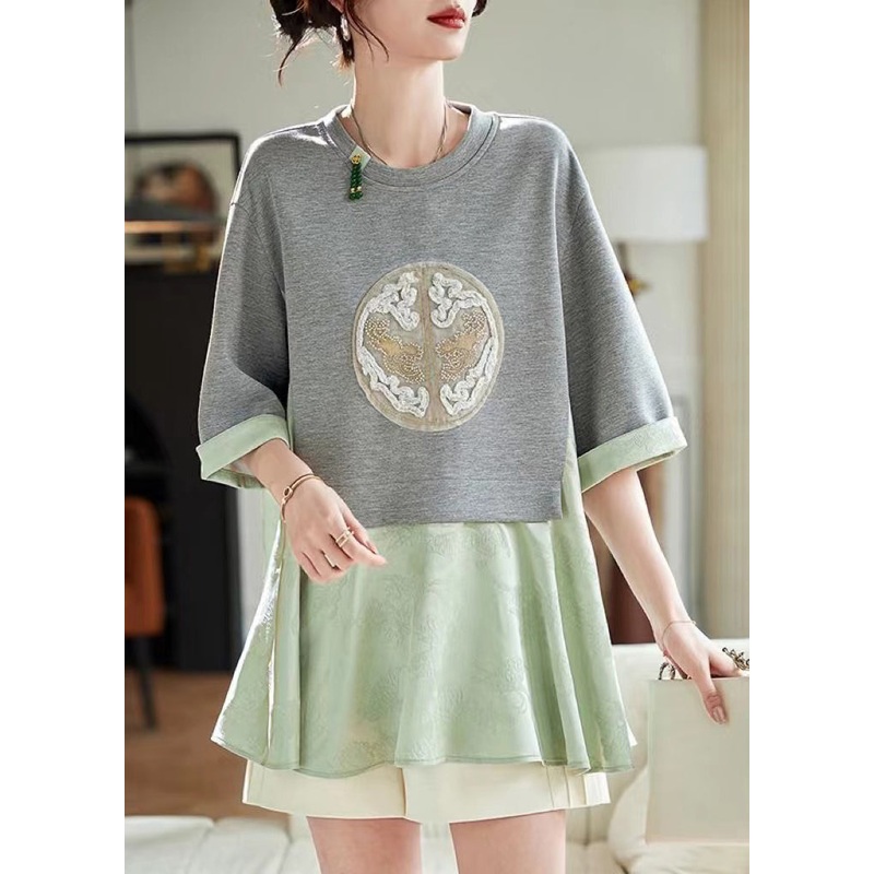 Summer Two Patchwork T Pieces Green Fake Loose Shirt