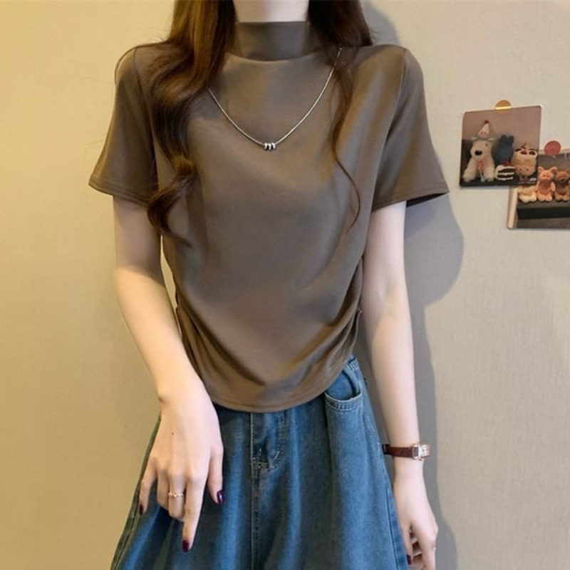 Top Ruched Short-Sleeve Knit Mock Plain Neck