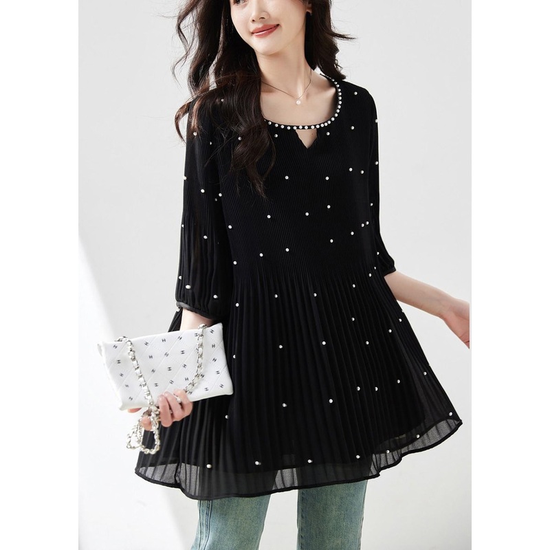 Top Silk Modern Bead O-Neck Sleeve Nail Black Half