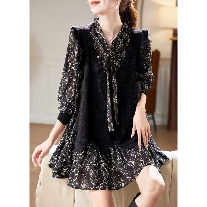 Unique V Chiffon Black Neck Print Mid Spring Dress