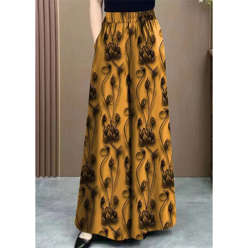Waist Elastic Silk Pants Yellow Print Loose Spring Ice