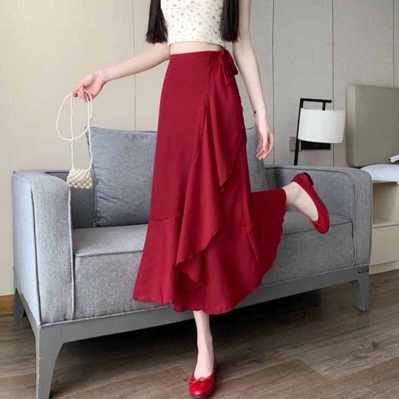 Waist Plain A-Line Midi High Ruffle Skirt