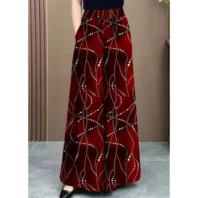 Waist Print Fashion Red Wide Draping Pants Silk High Ice Leg