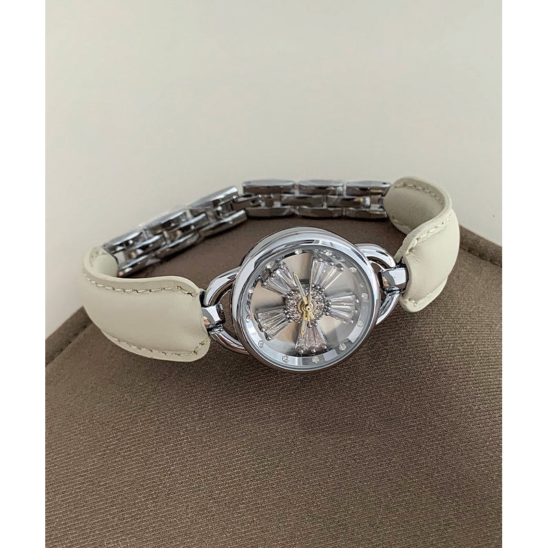 White Leather Watches Zircon Hardlex Simple Crystal