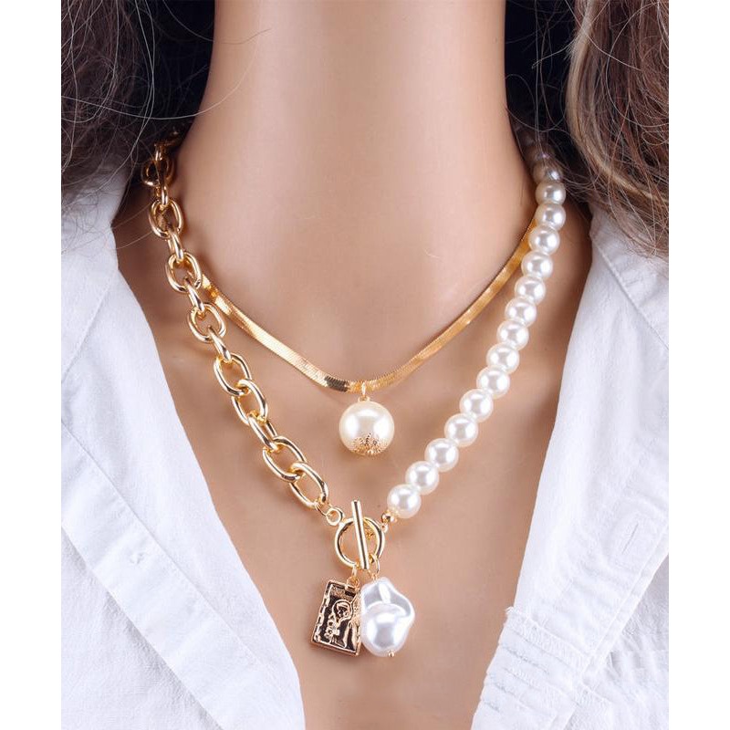 Women Chain Fashion For Necklace Pearl Metal Gold Baroque