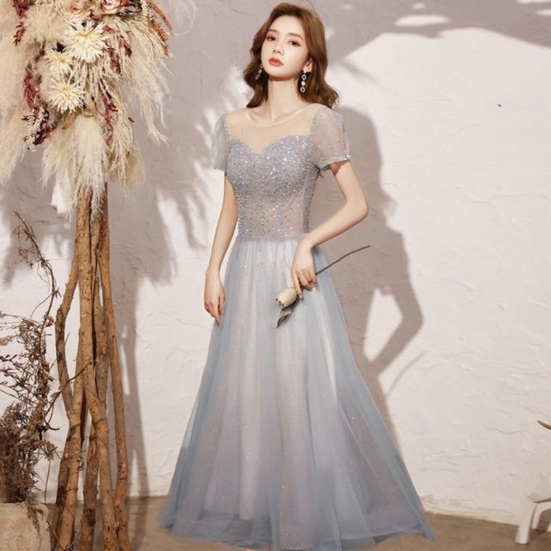 A-Line Short-Sleeve Mesh Cocktail / Dress Gown Neck Round Sequin Evening