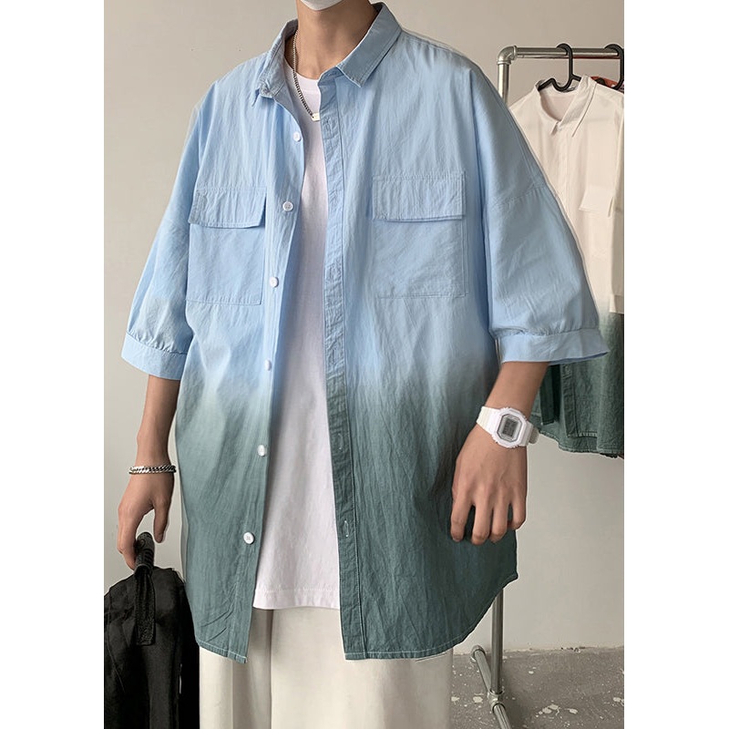 Button Shirts Cotton Men Color Gradient Blue Peter Collar Pan