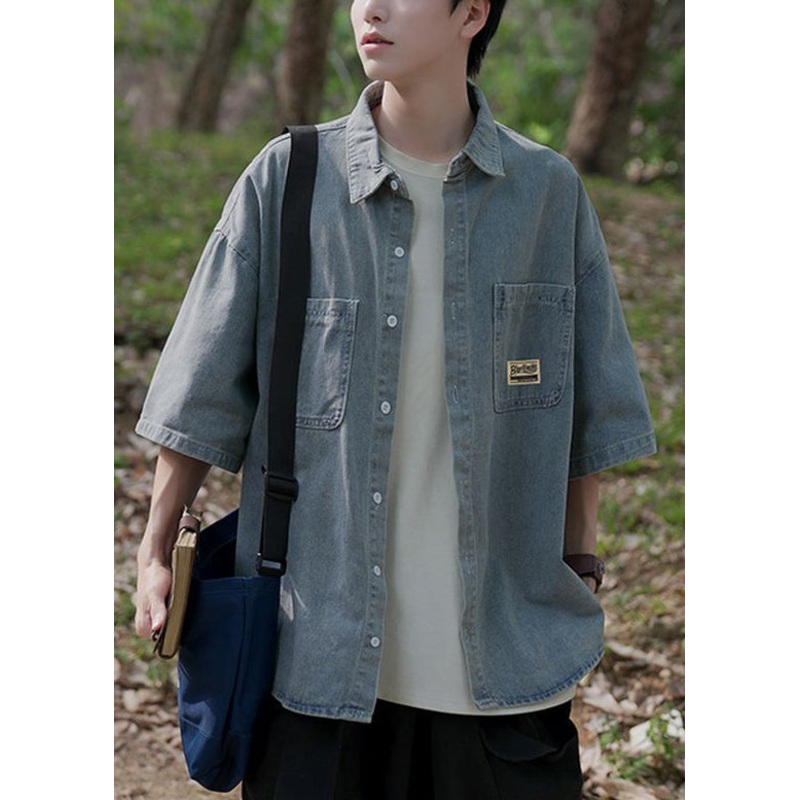 Button Vintage Denim Light Pockets Blue Pan Collar Shirts Peter