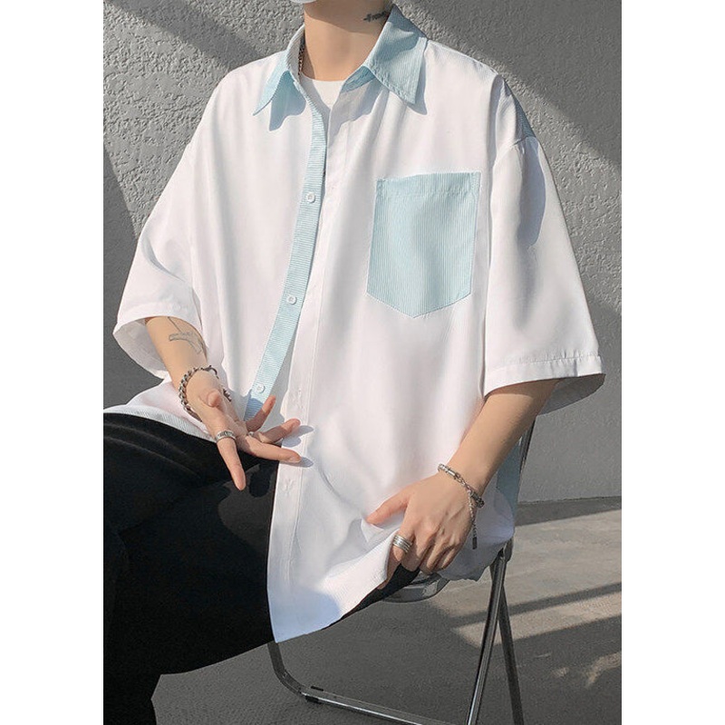 Cotton New Striped Patchwork Shirts Pockets Button Men White
