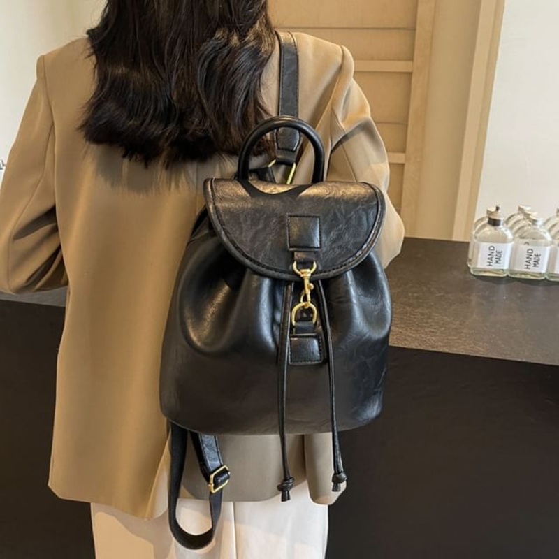 Flap Leather Plain Backpack Faux