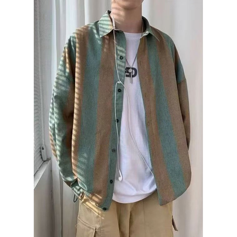 Green Collar Pan Shirts Button Cotton Peter Striped Art Men