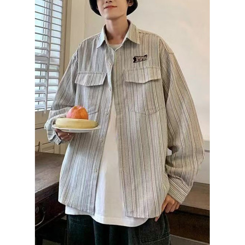 Grey Men Spring Loose Cotton Button Pockets Striped Shirt