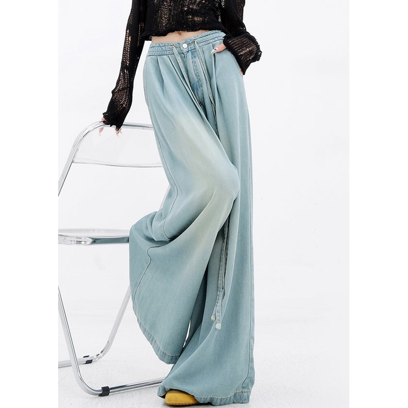 Lace Pants Blue Pockets Leg French Spring Denim Wide Up
