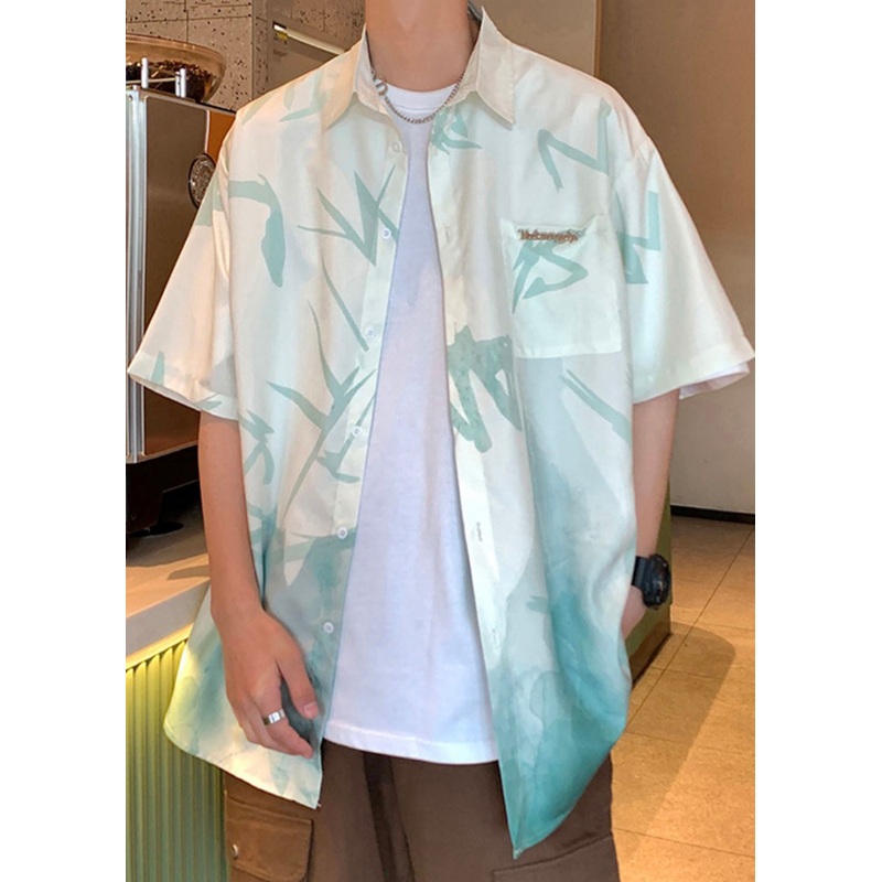 Loose Print Gradient Silk Green Men Light Ice Button Color Shirts