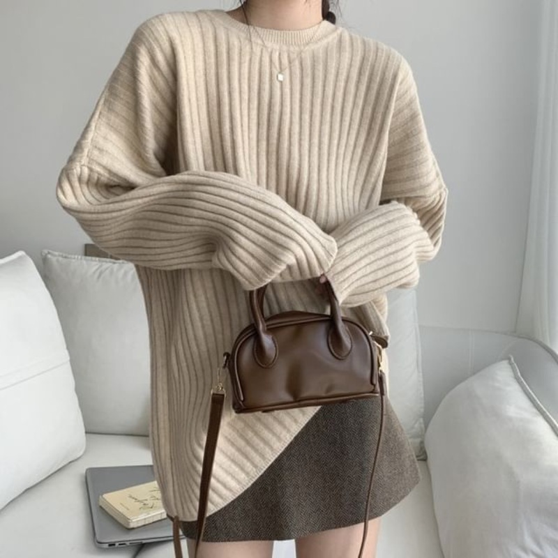 Neck Sweater Crew Plain Ribbed