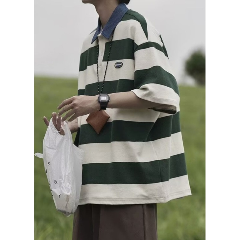 New Summer Polo Green Button Striped Shirt Cotton Men