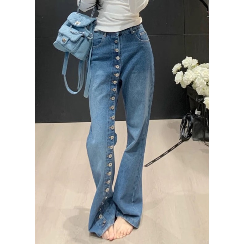 Pants Modern Waist Asymmetrical Denim High Blue Straight Button
