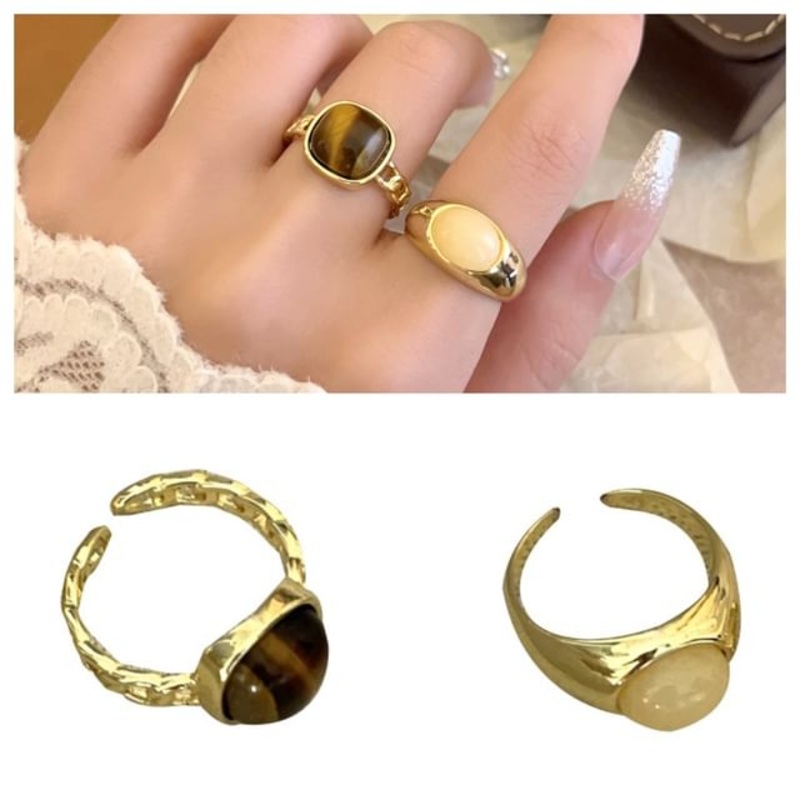 / Ring Set Gemstone Open|1 Pair – Brown & Beige|1 Pc – Beige|1 Pc – Brown|One Size