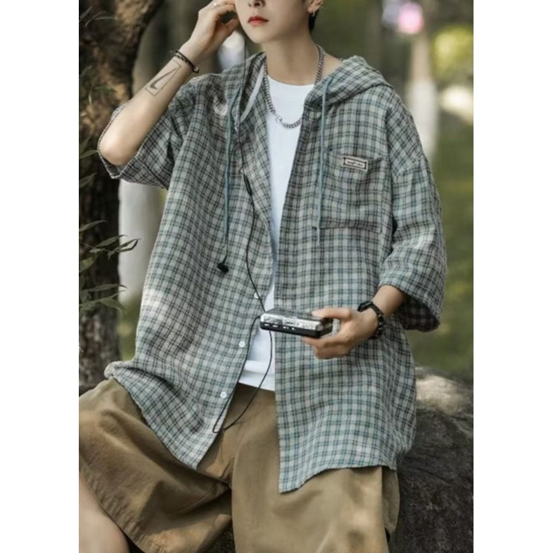 Shirt Summer Cotton Men Casual Plaid Button Blue Hooded