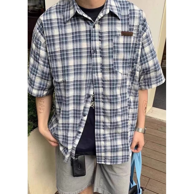 Shirts Loose Summer Plaid Cotton Button Blue Men’s