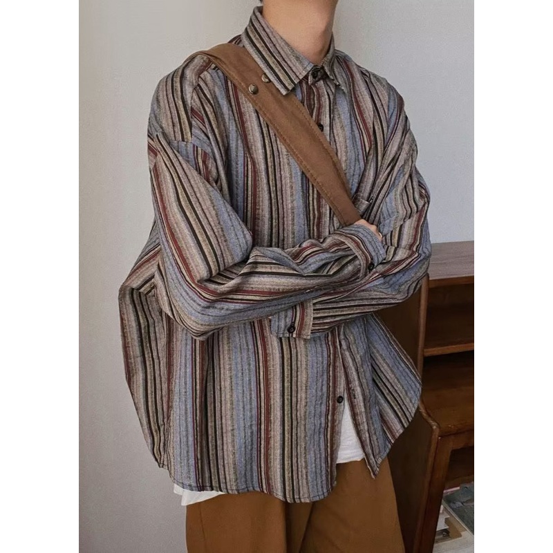 Shirts Mens Button Striped Cotton Retro Spring Pockets Oversized