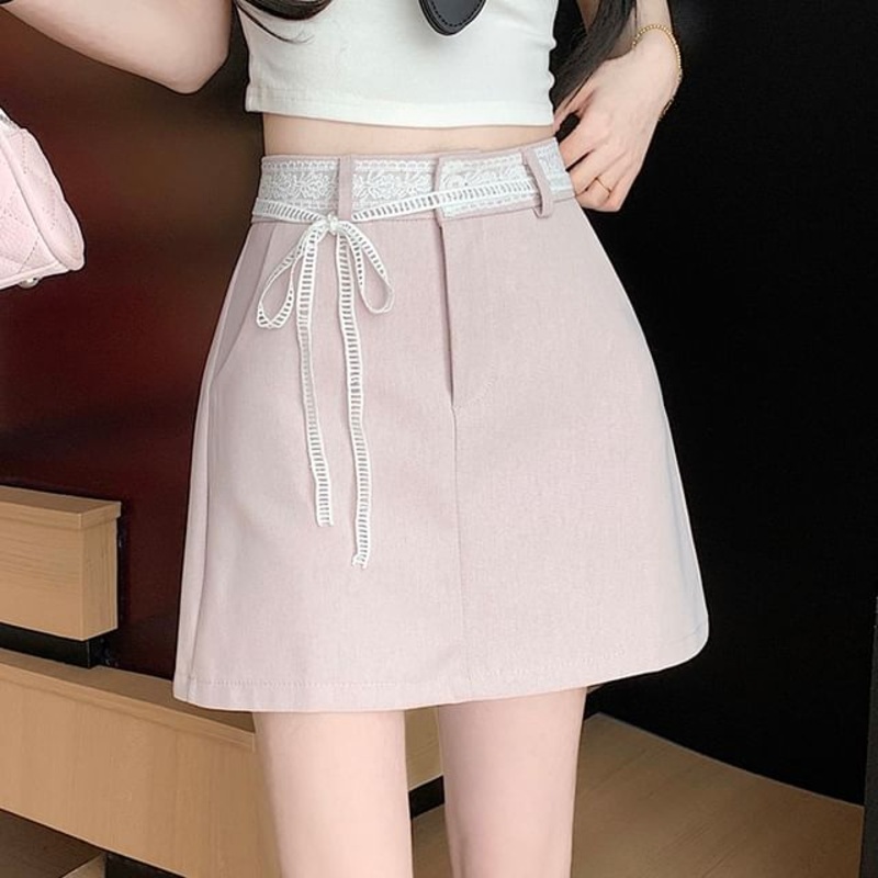 Skirt Plain High Rise A-Line Lace Mini Trim