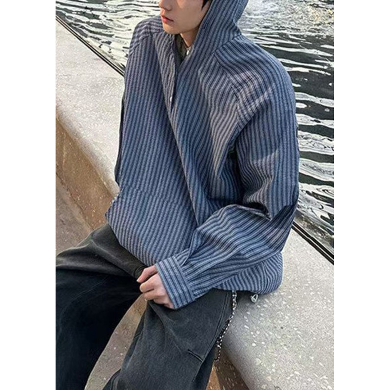 Spring Shirts Cotton Striped Vintage Hooded Blue Men’s Button