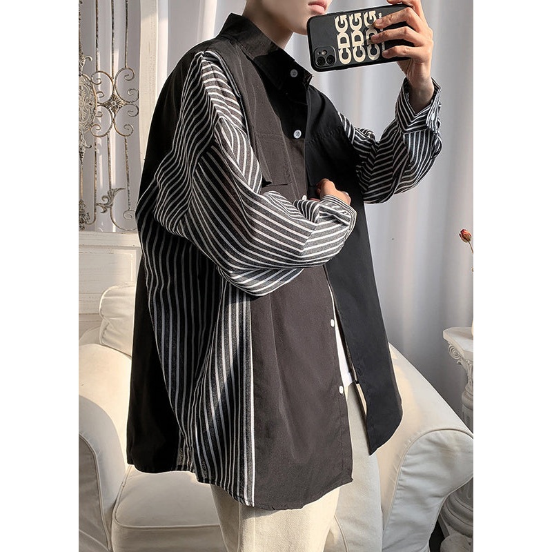 Striped Black Shirts Mens Patchwork New Peter Collar Cotton Pan