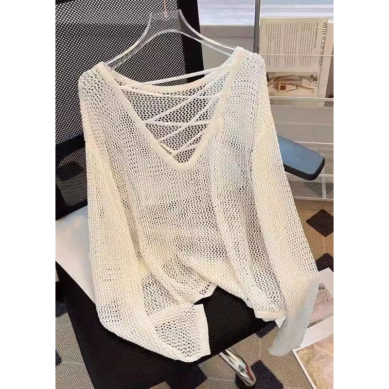 Summer Knit Tops Women Out Solid Beige Hollow
