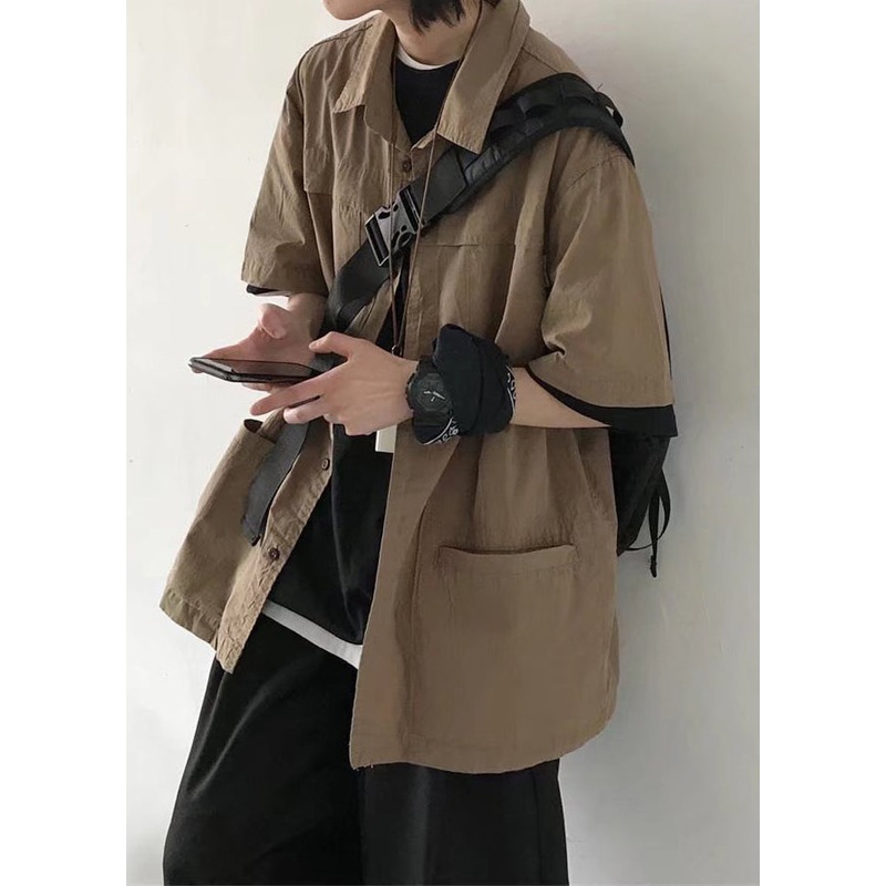 Summer Pockets Brown Vintage Solid Shirt Mens Button Cotton